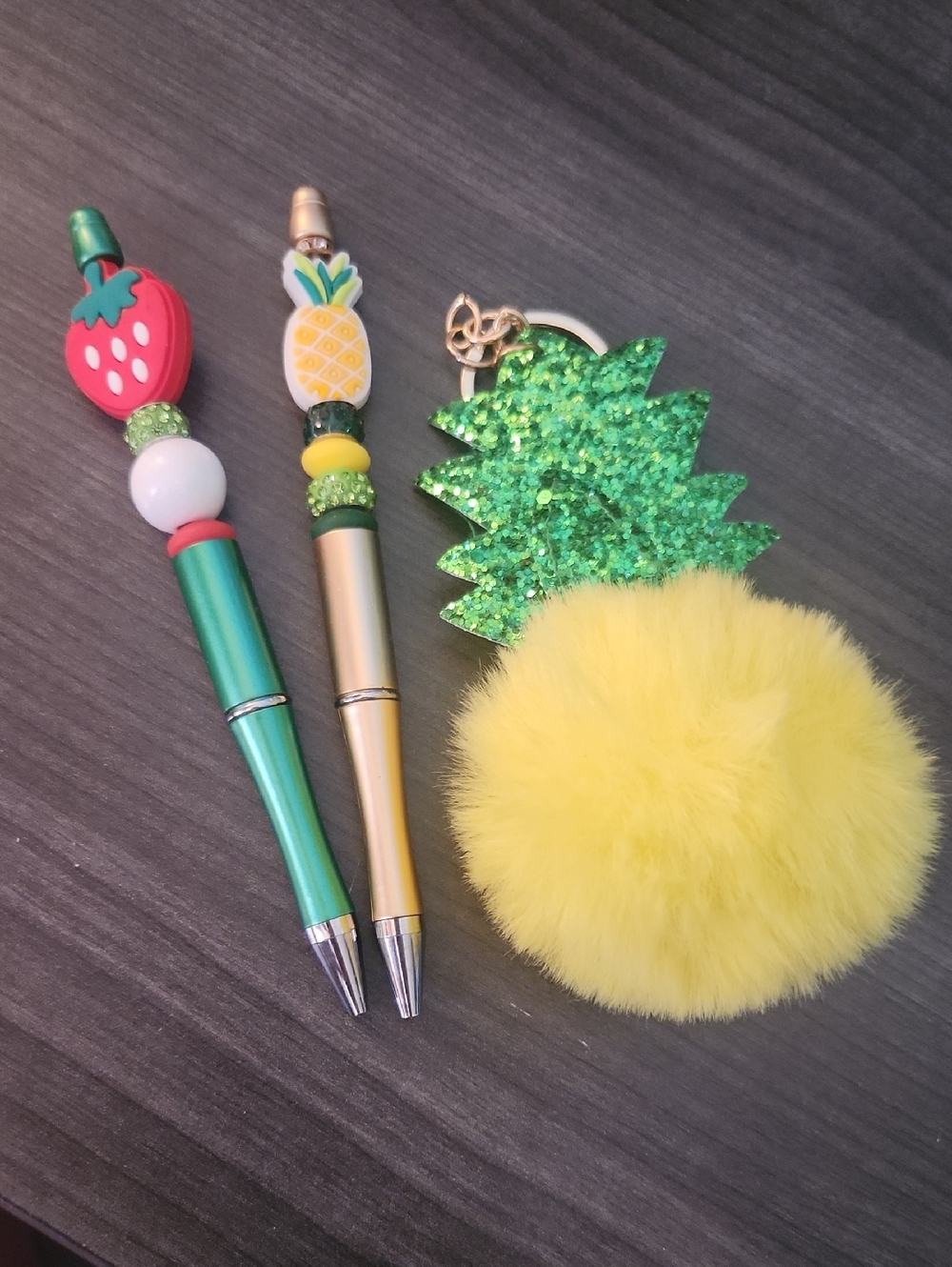 Yellow Pineapple Pom Pom Keychain with Green Glitter Pineapple Accent